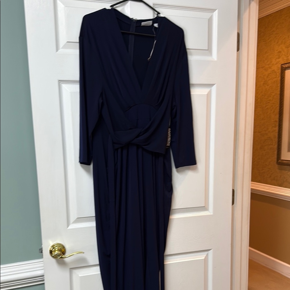 New York & Company Blue Cowl Neck Long Sleeve Gown